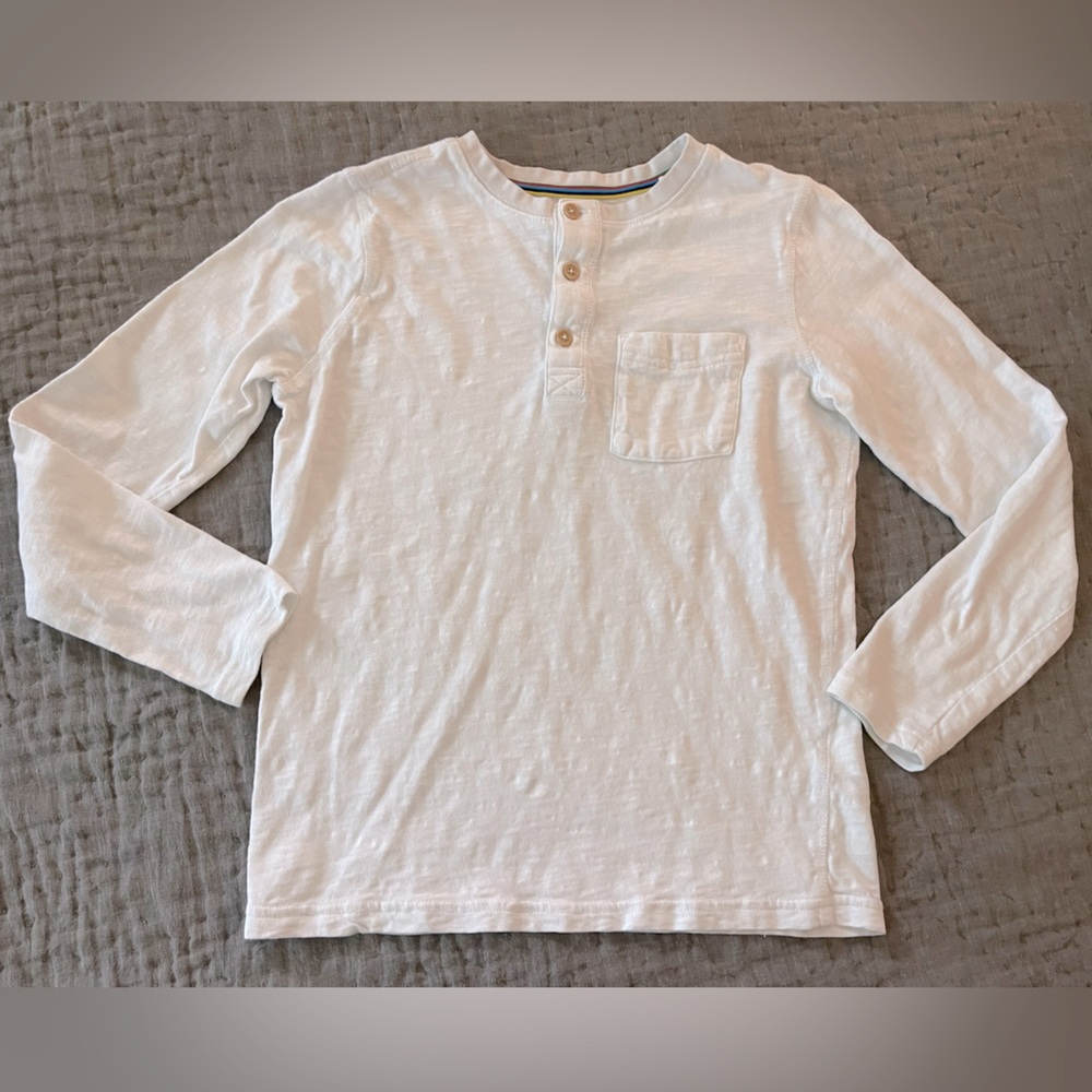 Boden White Long Sleeve Tee Henley Buttons Size 11/12 Years Rainbow Trim Cotton